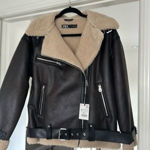 brown faux leather jacket brand new with tags from zara. size medium.
